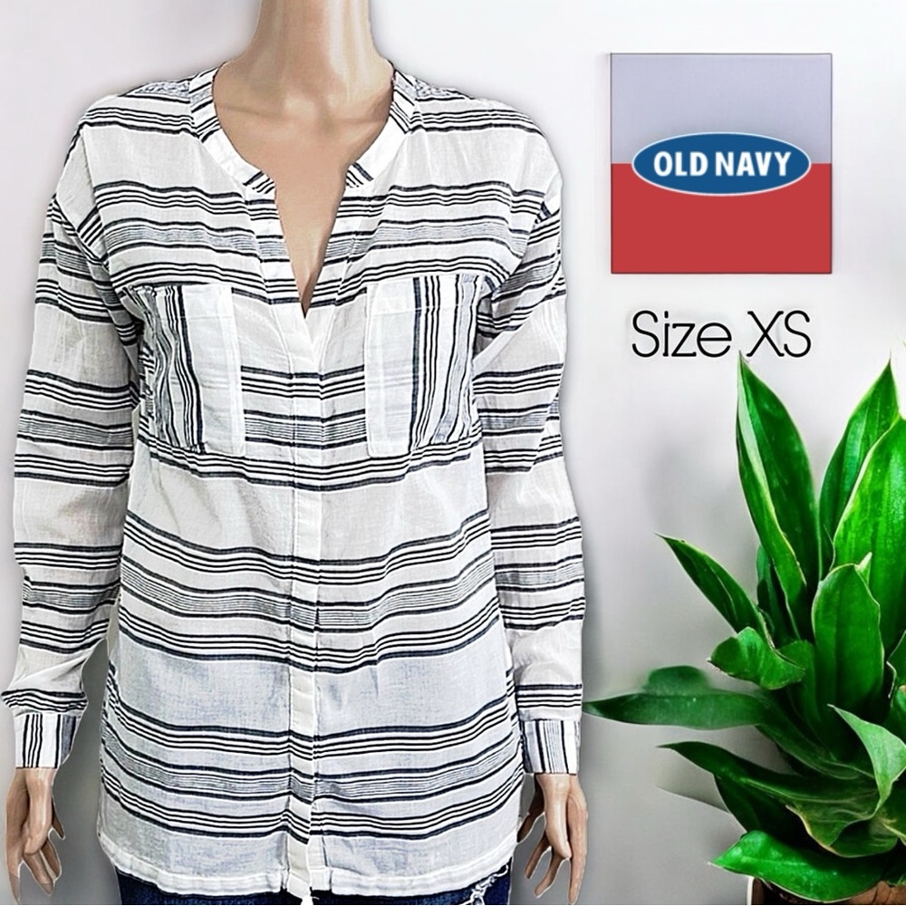 Old Navy Stripe Button Down V Neck Shirt Tunic Top - Picture 16 of 16